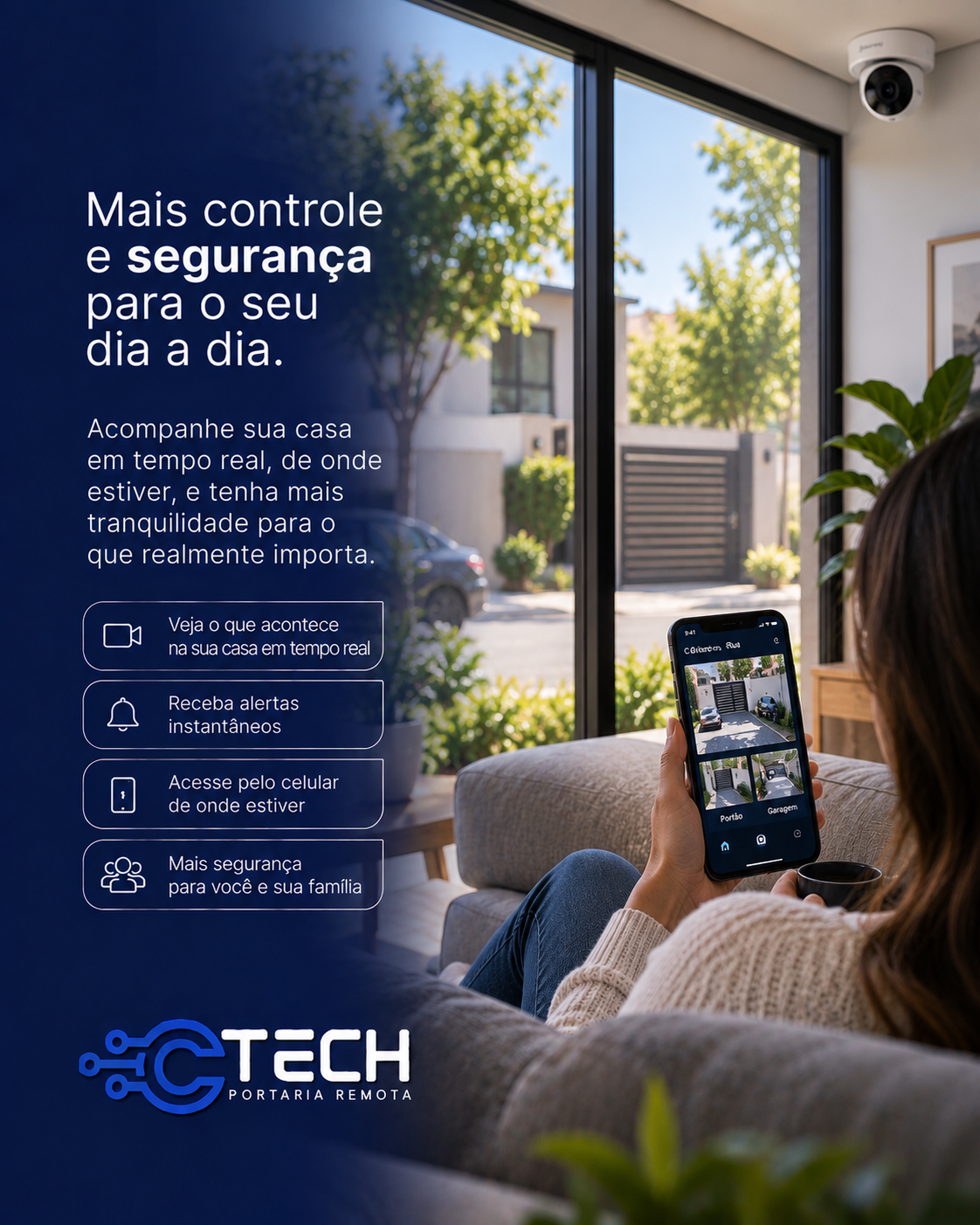 Moradora acompanhando câmeras da casa pelo celular em tempo real