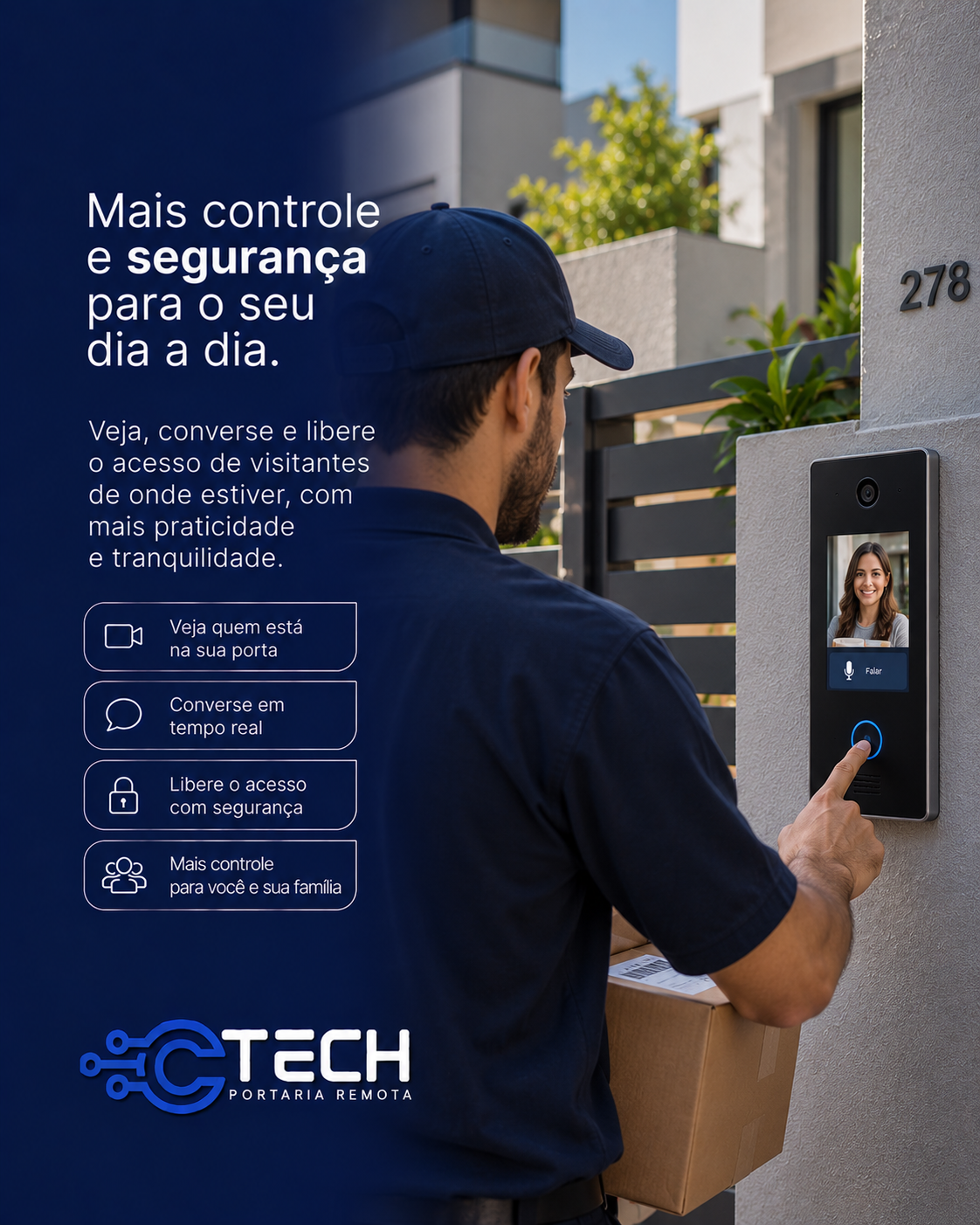 Entregador utilizando interfone inteligente com vídeo na portaria residencial